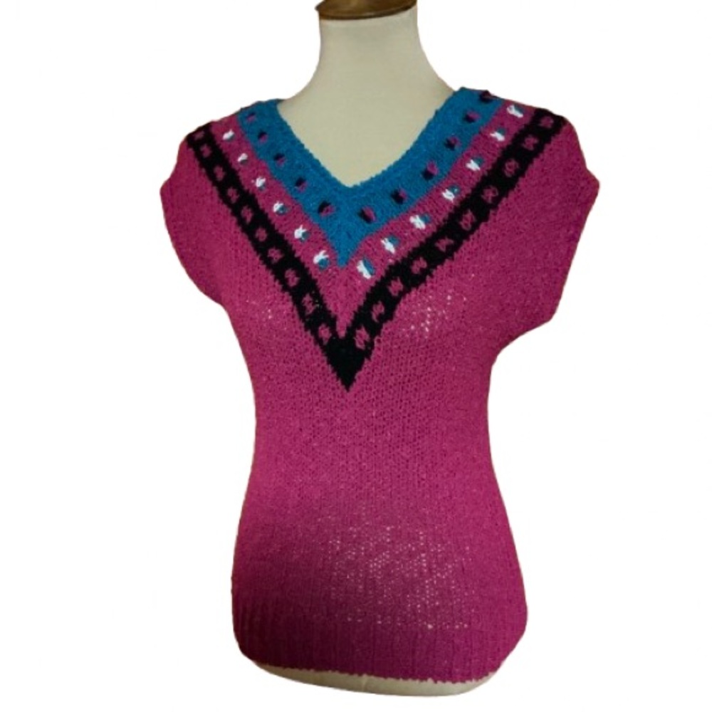 Vtg 70s bright chevron sexy v neck sweater